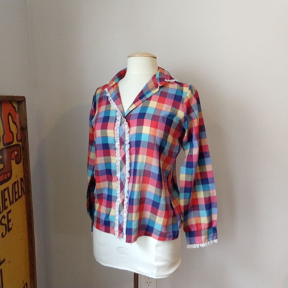 Vintage Bright Checked Button Down with Lace Trim